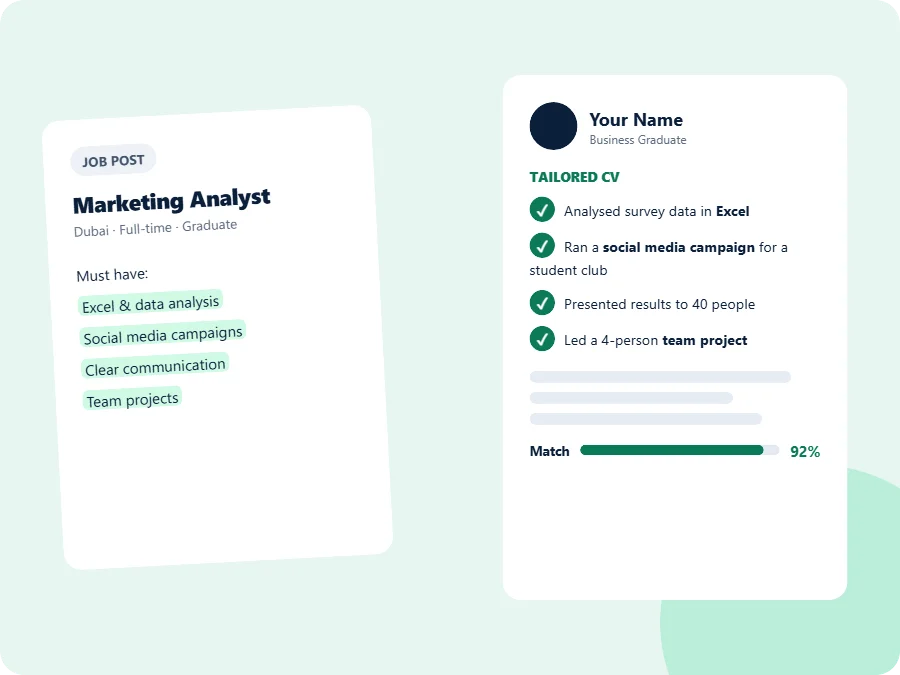 A Marketing Analyst job post with key skills highlighted next to a tailored CV that matches each skill